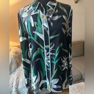 Diane Von Furstenberg Black and Green Floral Shirt